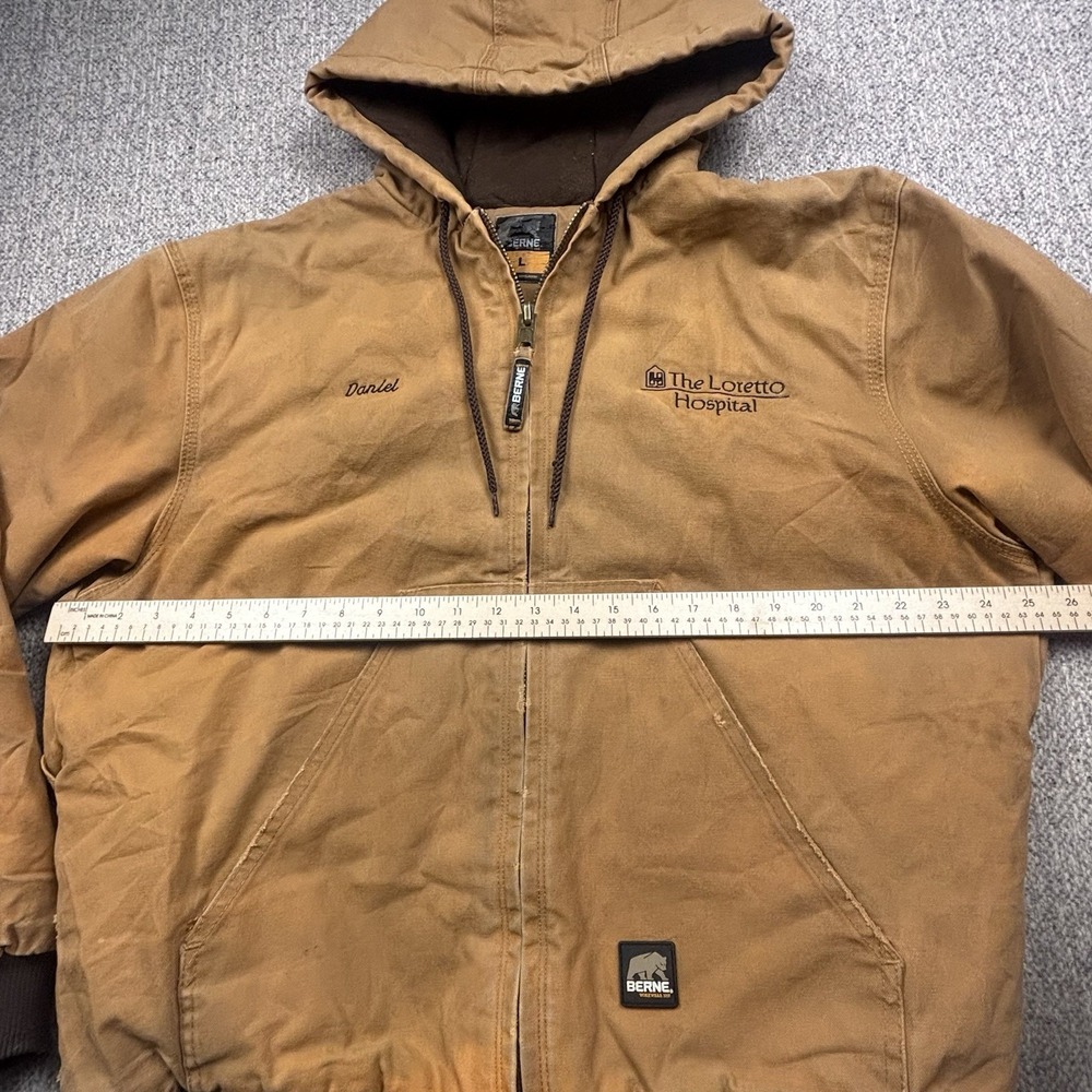Berne Workwear Hooded Jacket Mens L Brown Duck Canvas Quilted Lined Work Coat - Picture 7 of 11